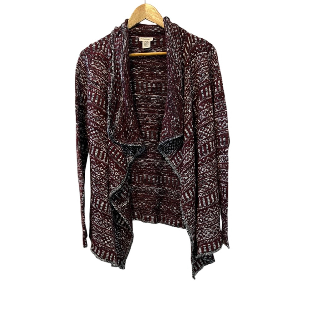 Burgundy & Grey Pattered Lightweight Knit Open Long Sleeve Cardigan Sweater XS